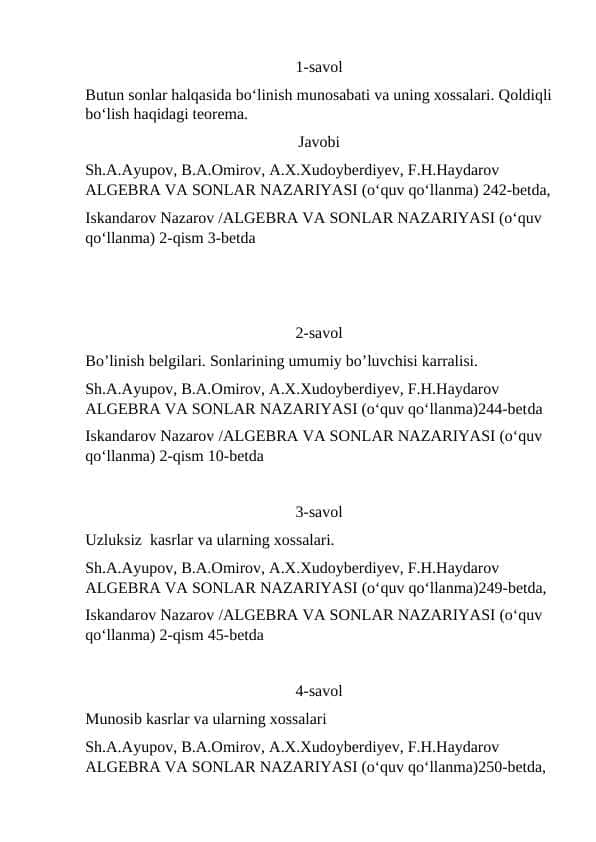 Algebra fanidan oraliq hamda yakuniy uchun savol va javoblar