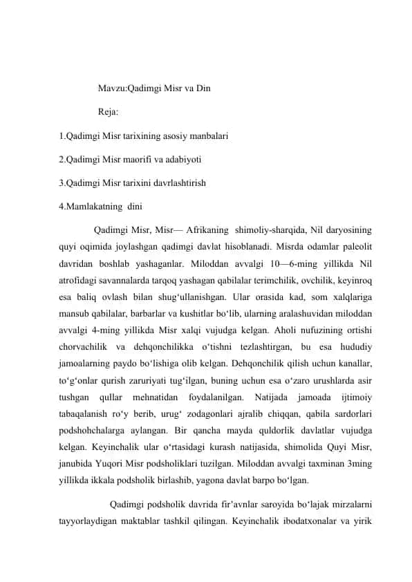 Qadimgi Misr va Din. Referat