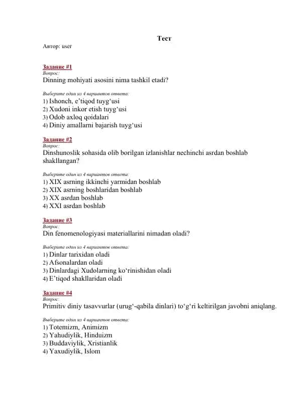Dinshunoslik test savollari