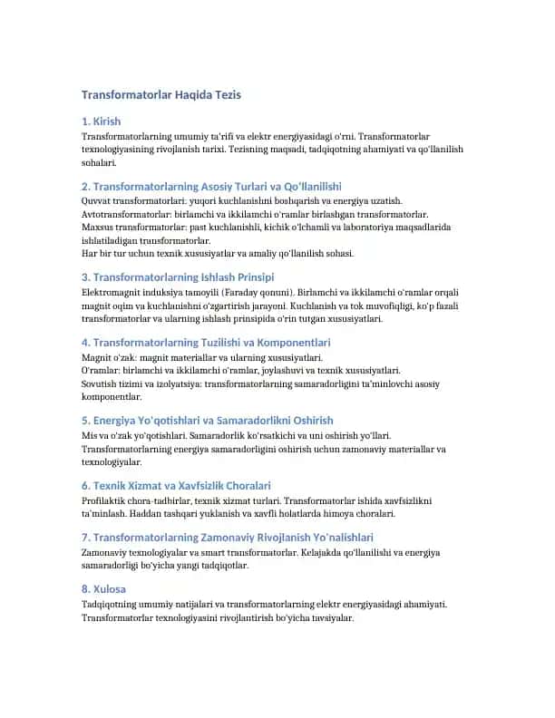 Transformatorlar Haqida Tezis