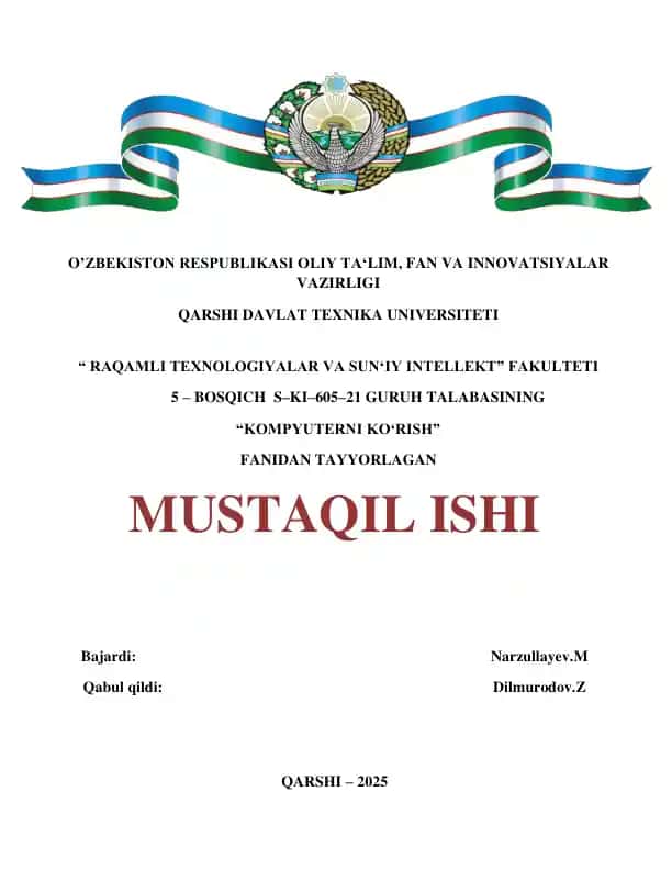 Kompyuter ko'rish fani rivojlanishi tarixi, Kompyuterni Ko'rish fanidan tayyorlangan mustaqil ish