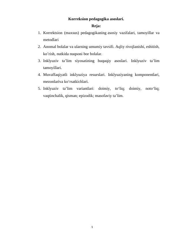 Korreksion pedagogika asoslari.