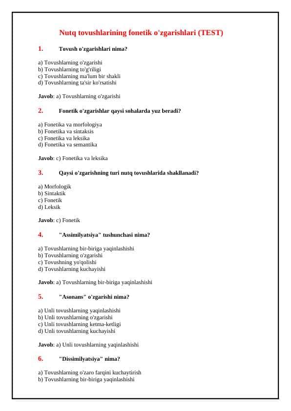 Nutq tovushlarining fonetik o'zgarishlari (TEST)