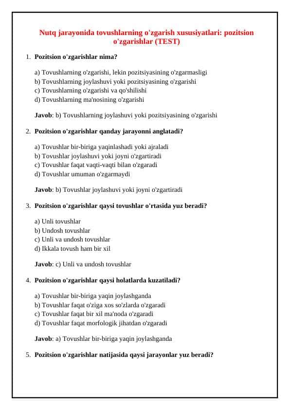 Nutq jarayonida tovushlarning o'zgarish xususiyatlari: pozitsion o'zgarishlar (TEST)