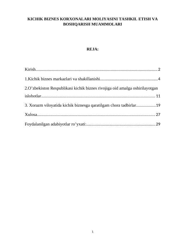 KICHIK BIZNES KORXONALARI MOLIYASINI TASHKIL ETISH VA BOSHQARISH MUAMMOLARI