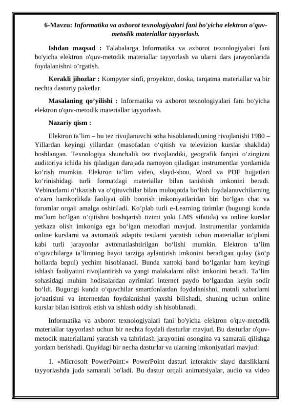 Informatika va axborot texnologiyalari fani bo'yicha elektron o'quv-metodik materiallar tayyorlash.