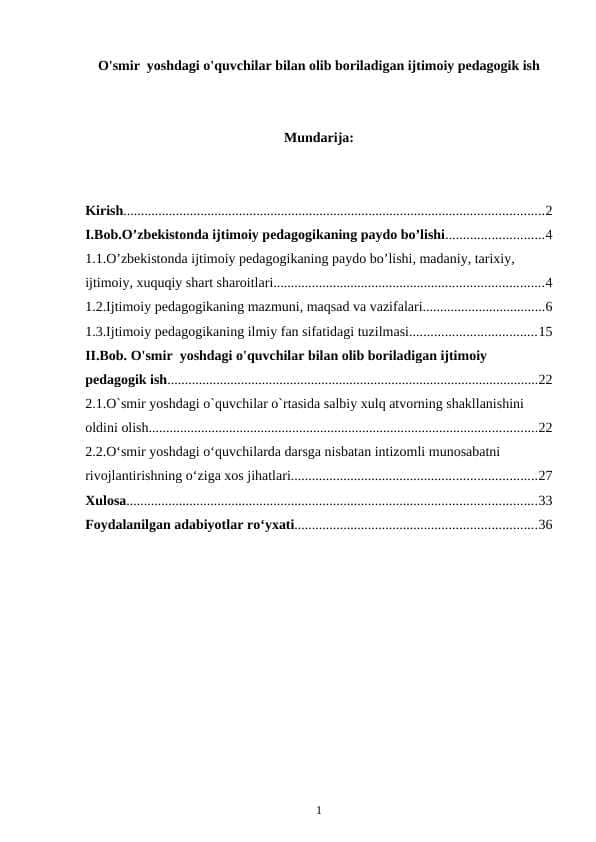 O'smir yoshdagi o'quvchilar bilan olib boriladigan ijtimoiy pedagogik ish