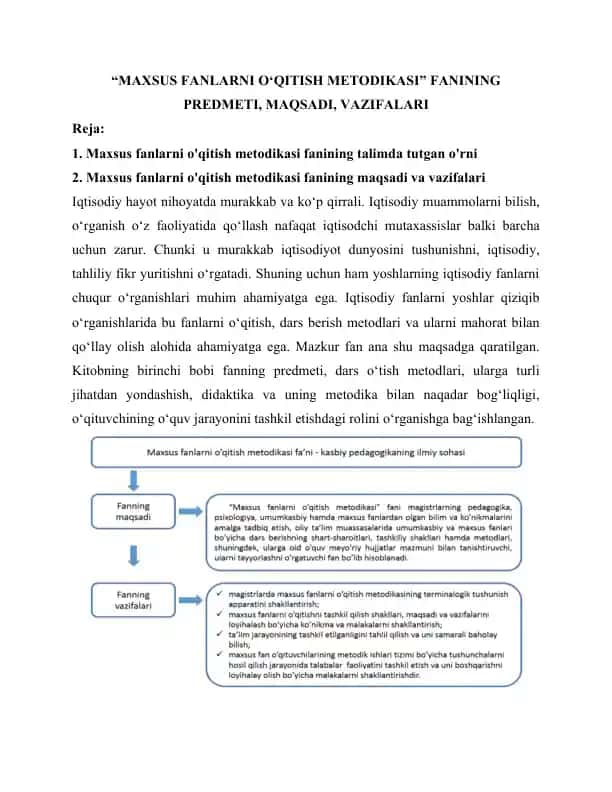 “MAXSUS FАNLАRNI O‘QITISH MЕTОDIKАSI” FАNINING PRЕDMЕTI, MАQSАDI, VАZIFАLАRI