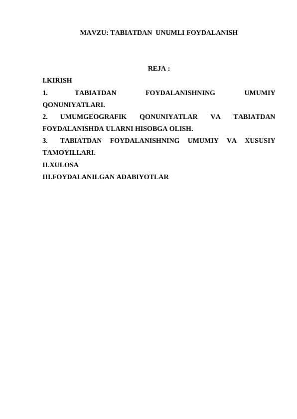 TABIATDAN UNUMLI FOYDALANISH