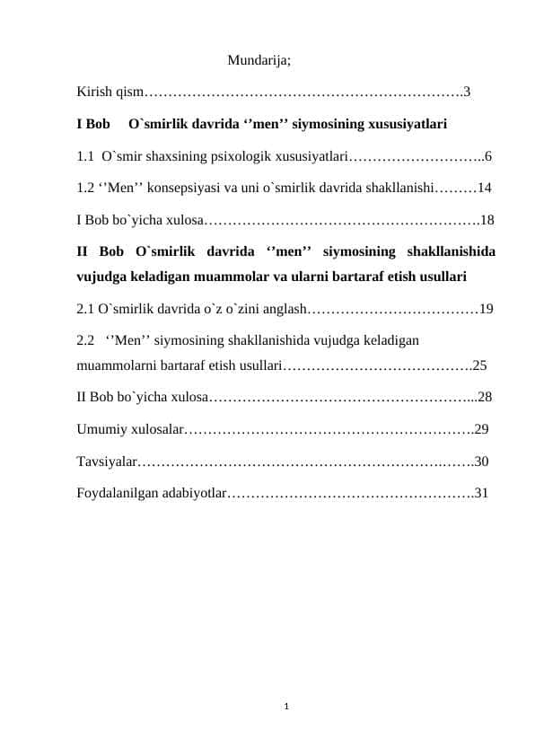 O’smirlik davrida “men” siymosining xususiyatlari