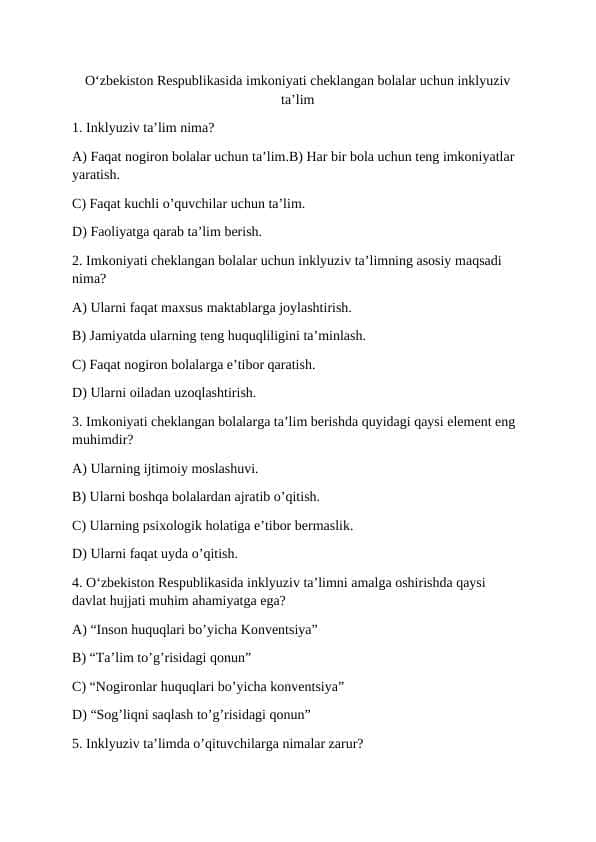 O‘zbekiston Respublikasida imkoniyati cheklangan bolalar uchun inklyuziv ta’lim