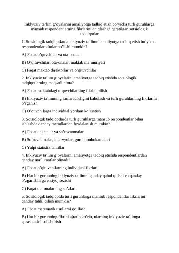 Inklyuziv ta’lim g’oyalarini amaliyotga tadbiq etish bo‘yicha turli guruhlarga mansub respondentlarning fikrlarini aniqlashga qaratilgan sotsiologik tadqiqotlar