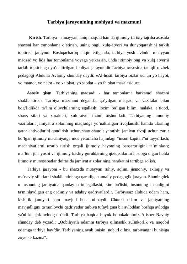 Tarbiya jarayonining mohiyati va mazmuni
