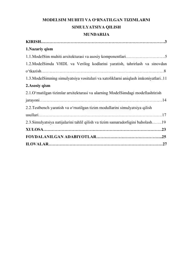 MODELSIM MUHITI VA O‘RNATILGAN TIZIMLARNI SIMULYATSIYA QILISH