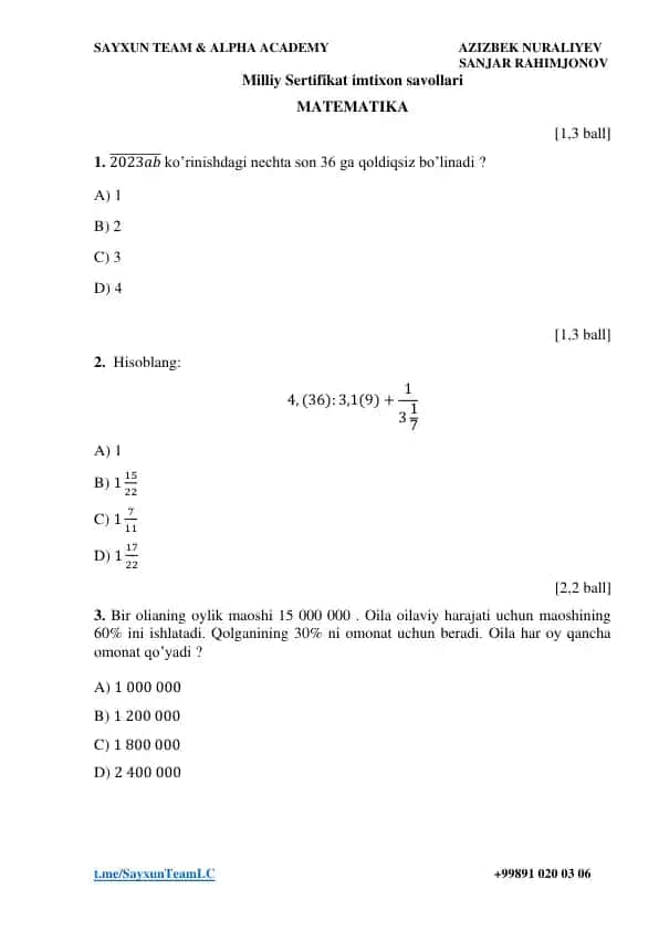 Milliy Sertifikat imtixon savollari MATEMATIKA