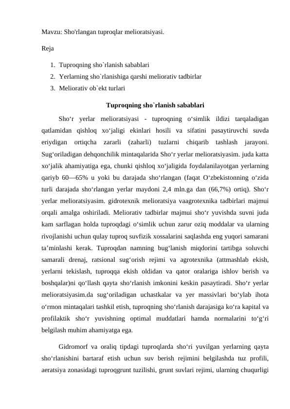 Sho'rlangan tuproqlar melioratsiyasi