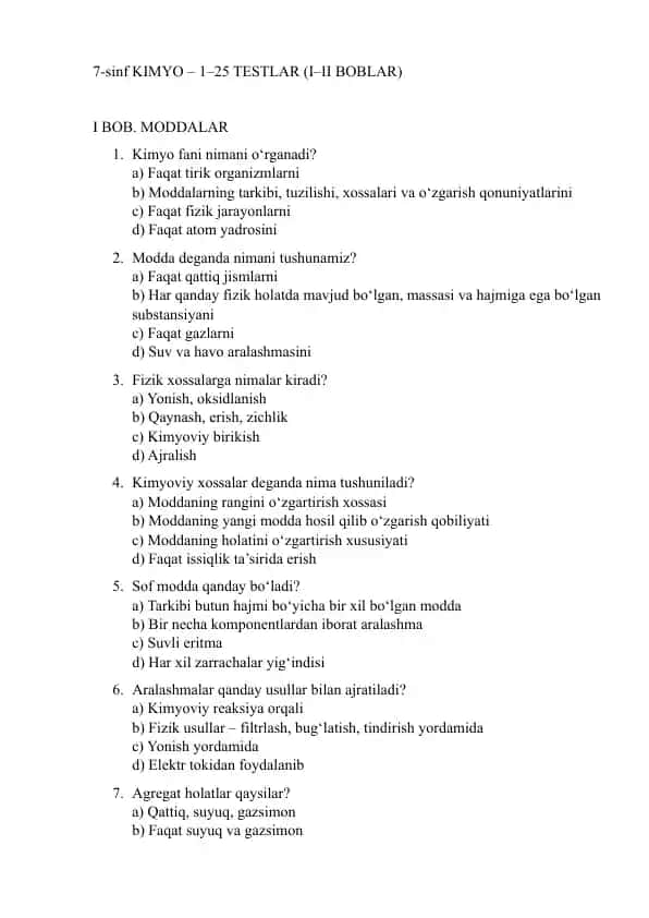 7-sinf KIMYO – 1–25 TESTLAR (I–II BOBLAR)