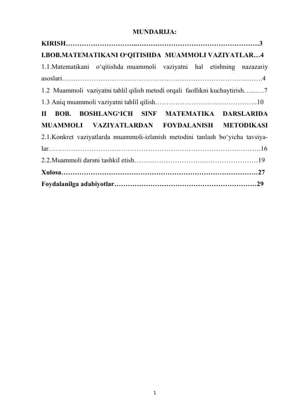 BOSHLANG‘ICH SINF MATEMATIKA DARSLARIDA MUAMMOLI VAZIYATLARDAN FOYDALANISH