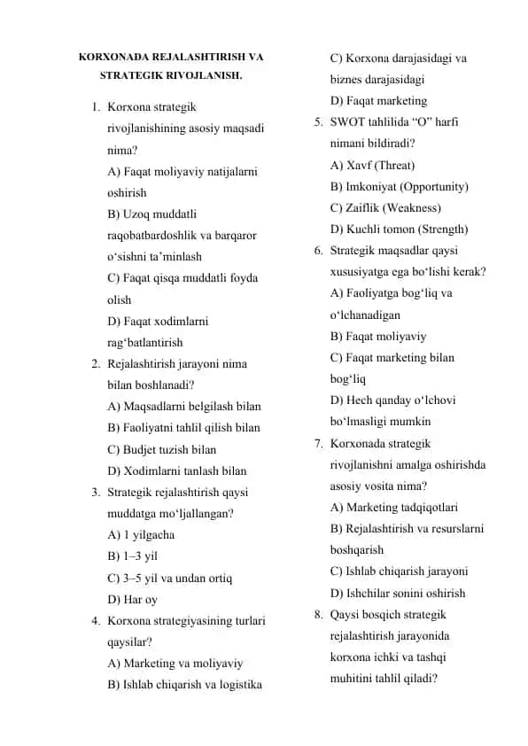 KORXONADA REJALASHTIRISH VA STRATEGIK RIVOJLANISH.