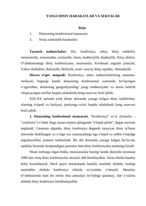 YANGI DINIY HARAKATLAR VA SEKTALAR