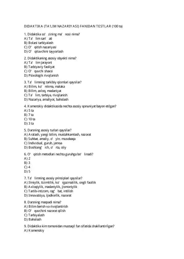 DIDAKTIKA (TA'LIM NAZARIYASI) FANIDAN TESTLAR (100 ta)