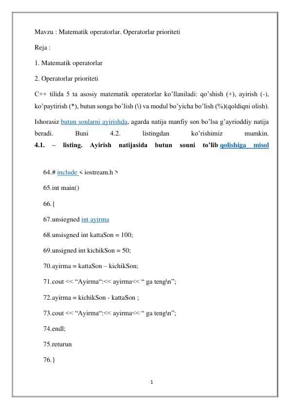 Matematik operatorlar. Operatorlar prioriteti