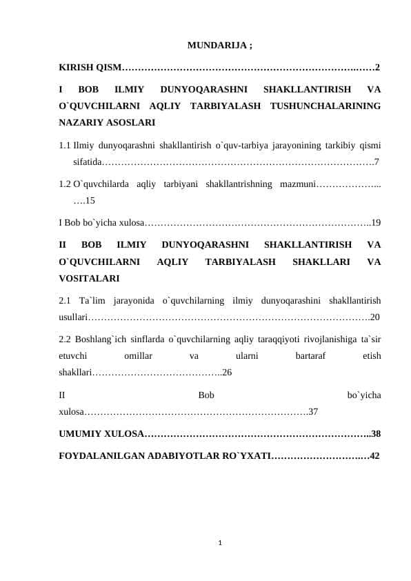 ILMIY DUNYOQARASHNI SHAKLLANTIRISH VA O`QUVCHILARNI AQLIY TARBIYALASH TUSHUNCHALARINING NAZARIY ASOSLARI