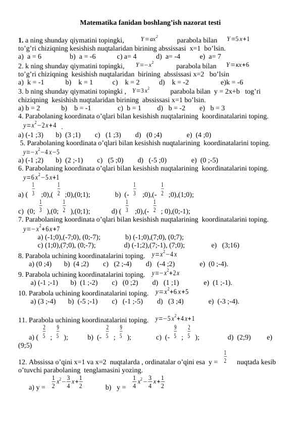 Matematika fanidan test savollari.