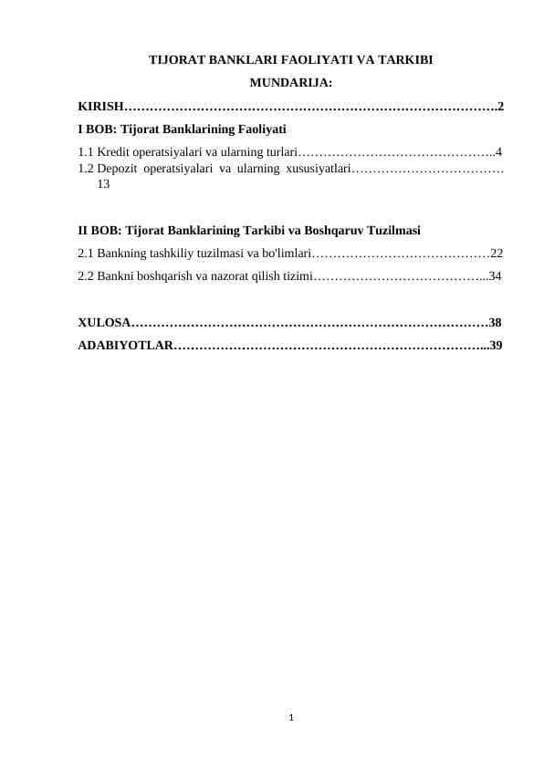 TIJORAT BANKLARI FAOLIYATI VA TARKIBI