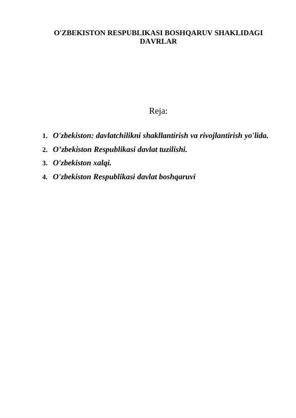 O'ZBEKISTON RESPUBLIKASI BOSHQARUV SHAKLIDAGI DAVRLAR