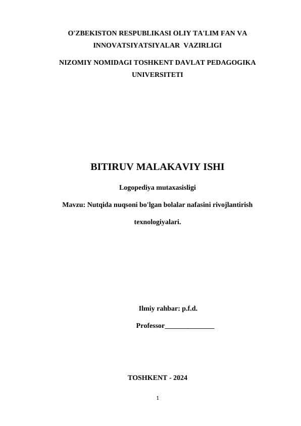 Nutqida nuqsoni bo'lgan bolalar nafasini rivojlantirish texnologiyalari