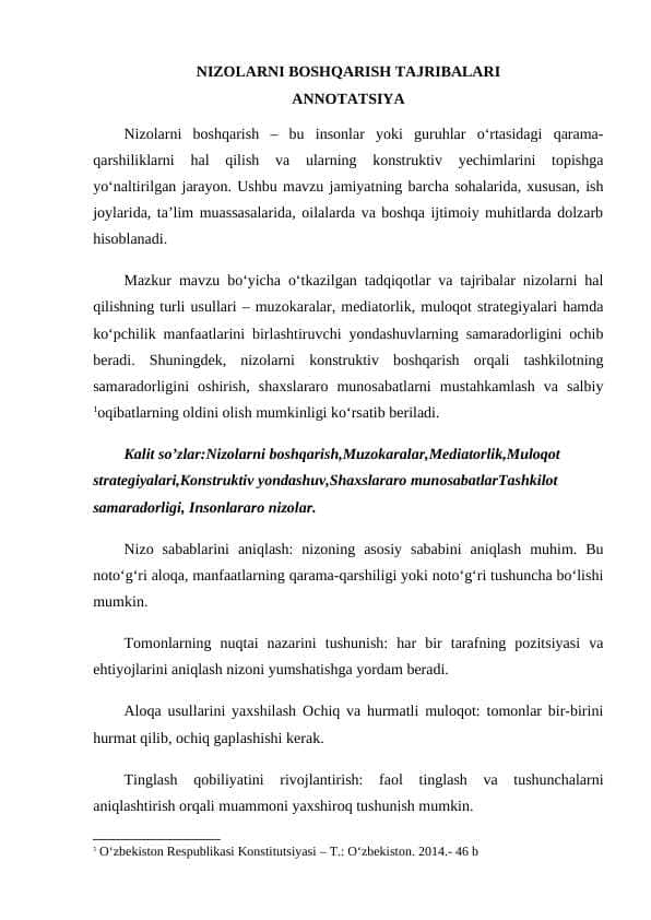 NIZOLARNI BOSHQARISH TAJRIBALARI