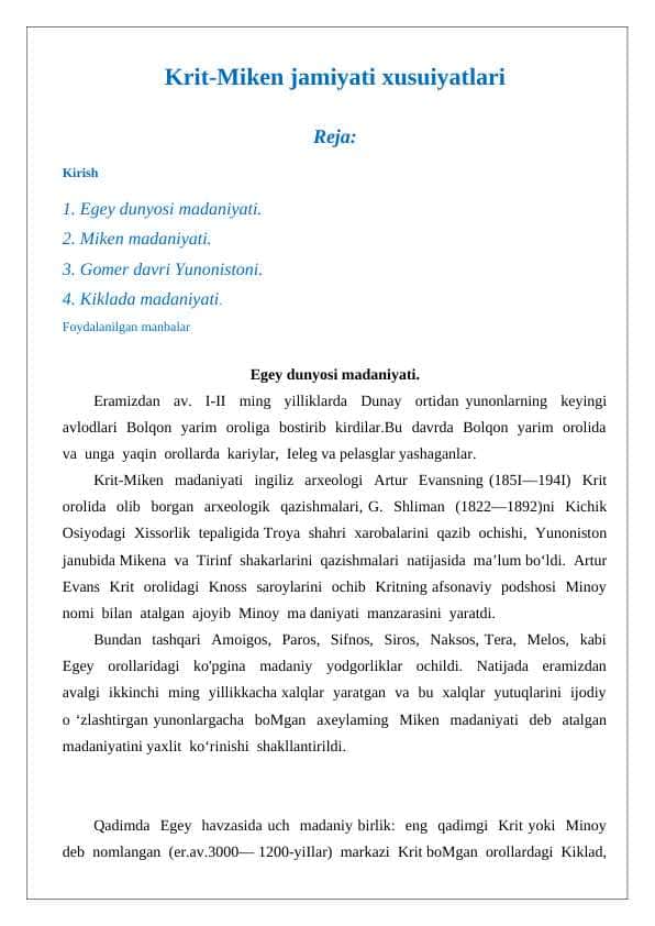 Krit-Miken jamiyati xusuiyatlari haqida ijodiy ish tayyorlash 25