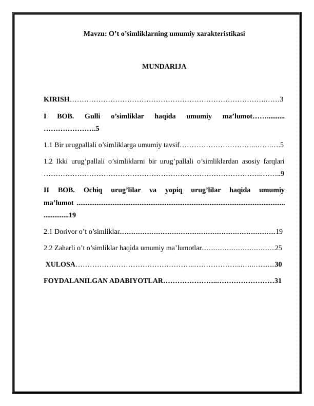 O’t o’simliklarning umumiy xarakteristikasi