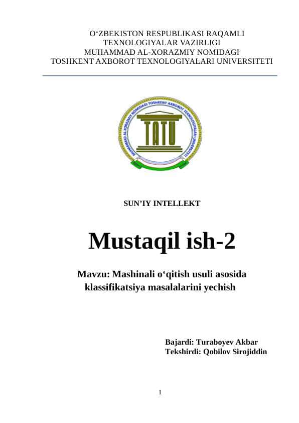 Mashinali o‘qitish usuli asosida klassifikatsiya masalalarini yechish