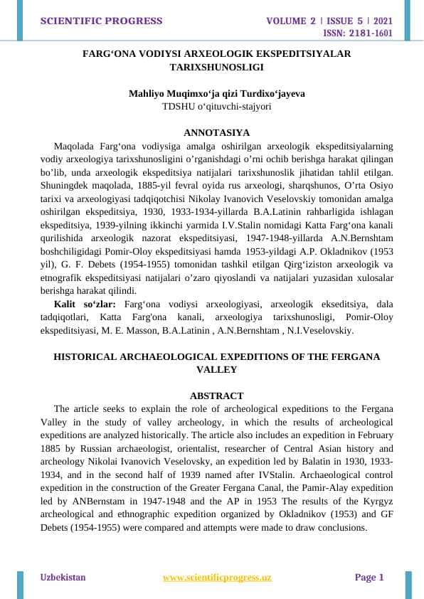 FARG‘ONA VODIYSI ARXEOLOGIK EKSPEDITSIYALAR TARIXSHUNOSLIGI
