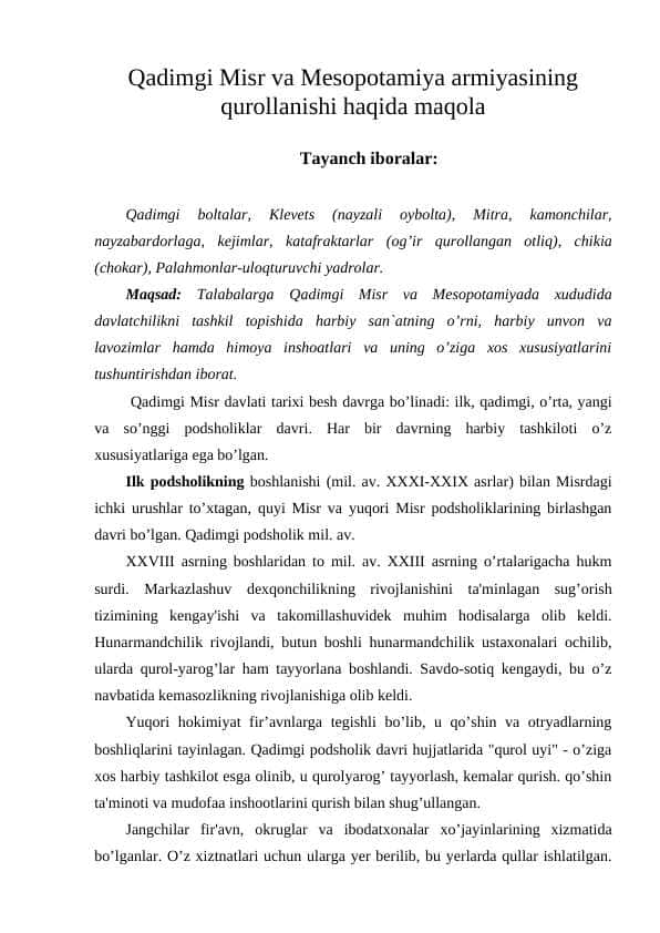 Qadimgi Misr va Mesopotamiya armiyasining qurollanishi haqida maqola 24