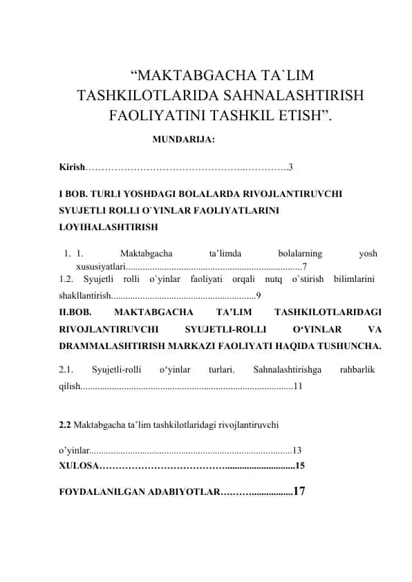 MAKTABGACHA TA`LIM TASHKILOTLARIDA SAHNALASHTIRISH FAOLIYATINI TASHKIL ETISH