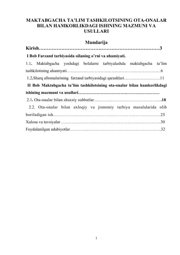 MAKTABGACHA TA’LIM TASHKILOTSINING OTA-ONALAR BILAN HAMKORLIKDAGI ISHINING MAZMUNI VA USULLARI