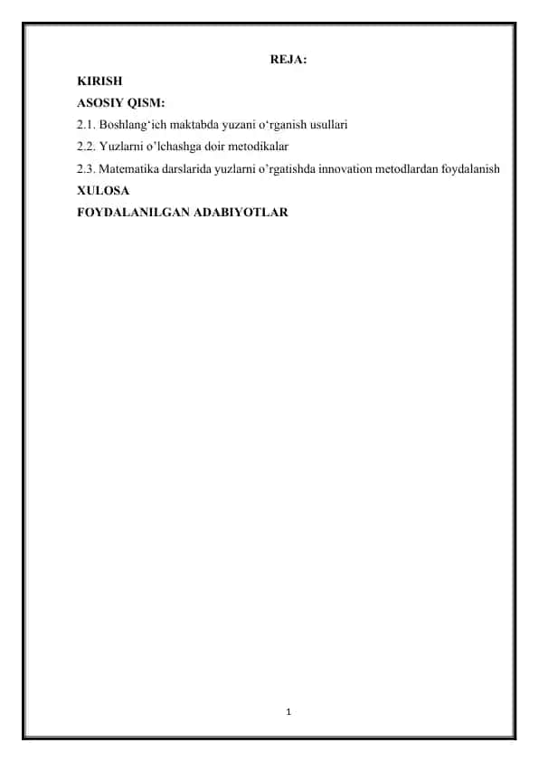 Yuzlarni hisoblashni O'rgatish Metodikasi