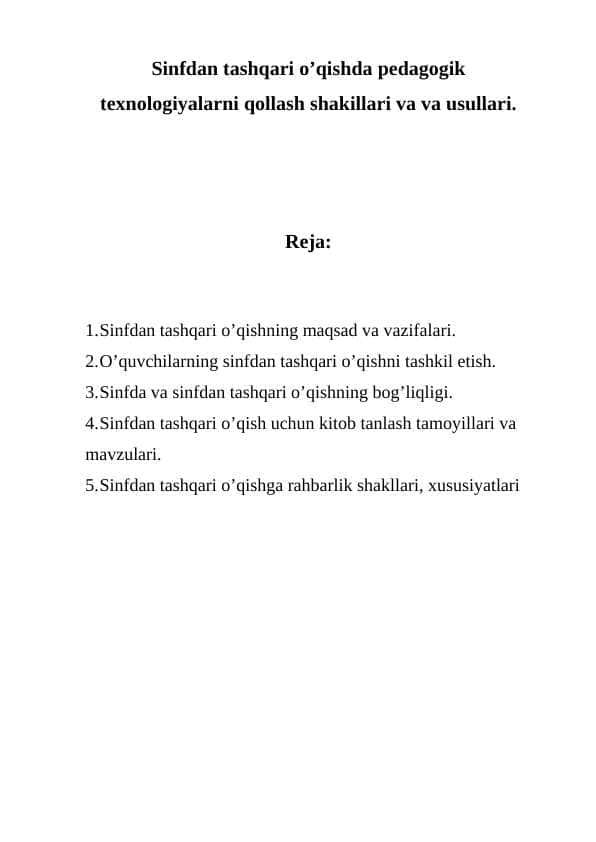 Sinfdan tashqari o’qish metodikasi