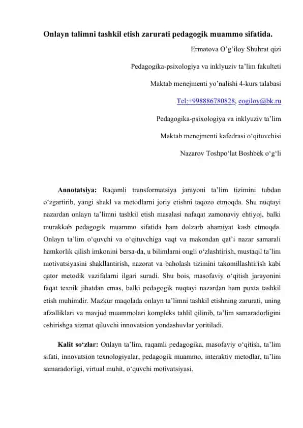 Onlayn talimni tashkil etish zarurati pedagogik muammo sifatida.