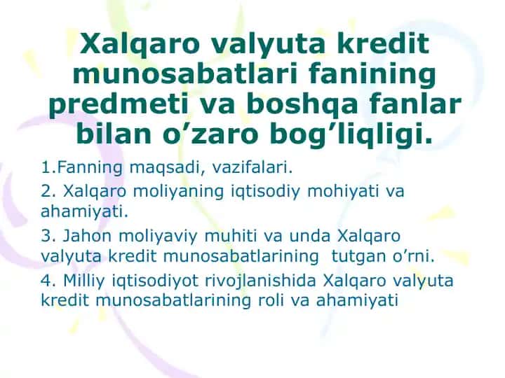 Xalqaro valyuta kredit munosabatlari fanining predmeti va boshqa fanlar bilan o’zaro bog’liqligi