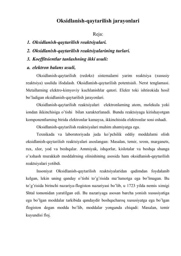 Oksidlanish-qaytarilish jarayonlari
