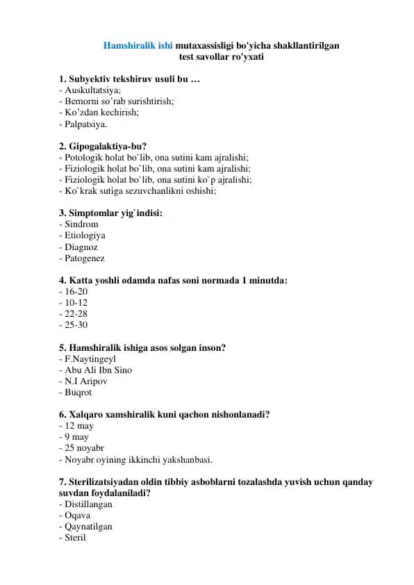 Hamshiralik ishi mutaxassisligi bo'yicha shakllantirilgan test savollar ro'yxati