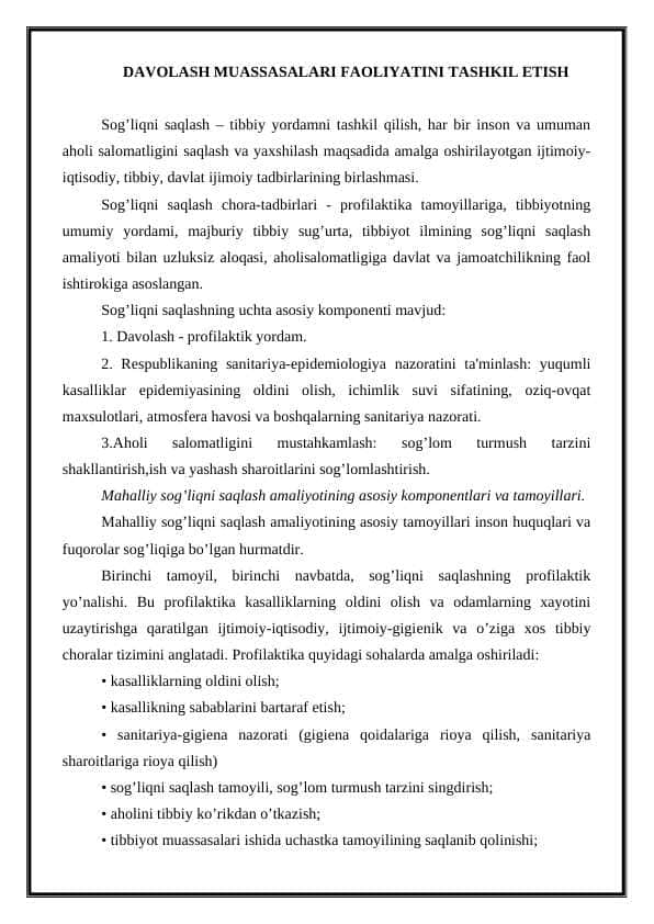 DAVOLASH MUASSASALARI FAOLIYATINI TASHKIL ETISH