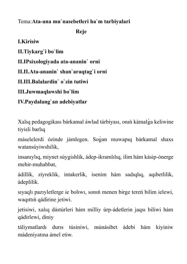 Ata-ana mu`nasebetleri ha`m tarbiyalari