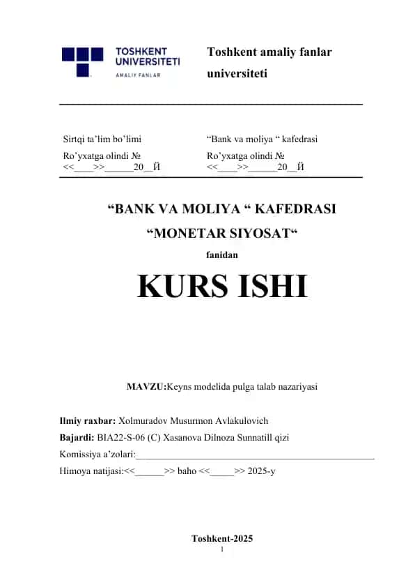 Keyns modelida pulga talab nazariyasi.