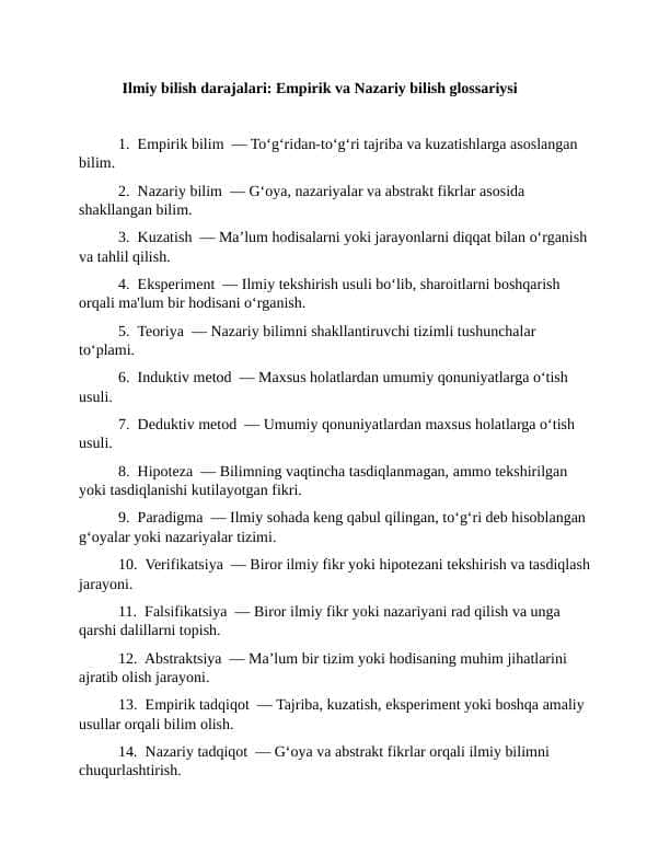 Ilmiy bilish darajalari. Empirik va Nazariy bilish glossariysi_4