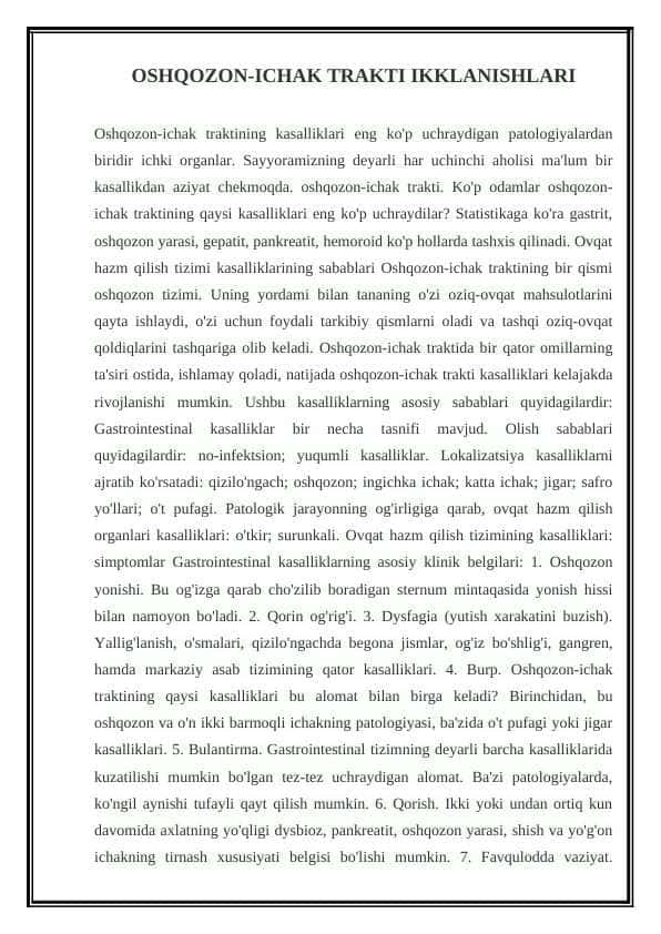 OSHQOZON-ICHAK TRAKTI IKKLANISHLARI
